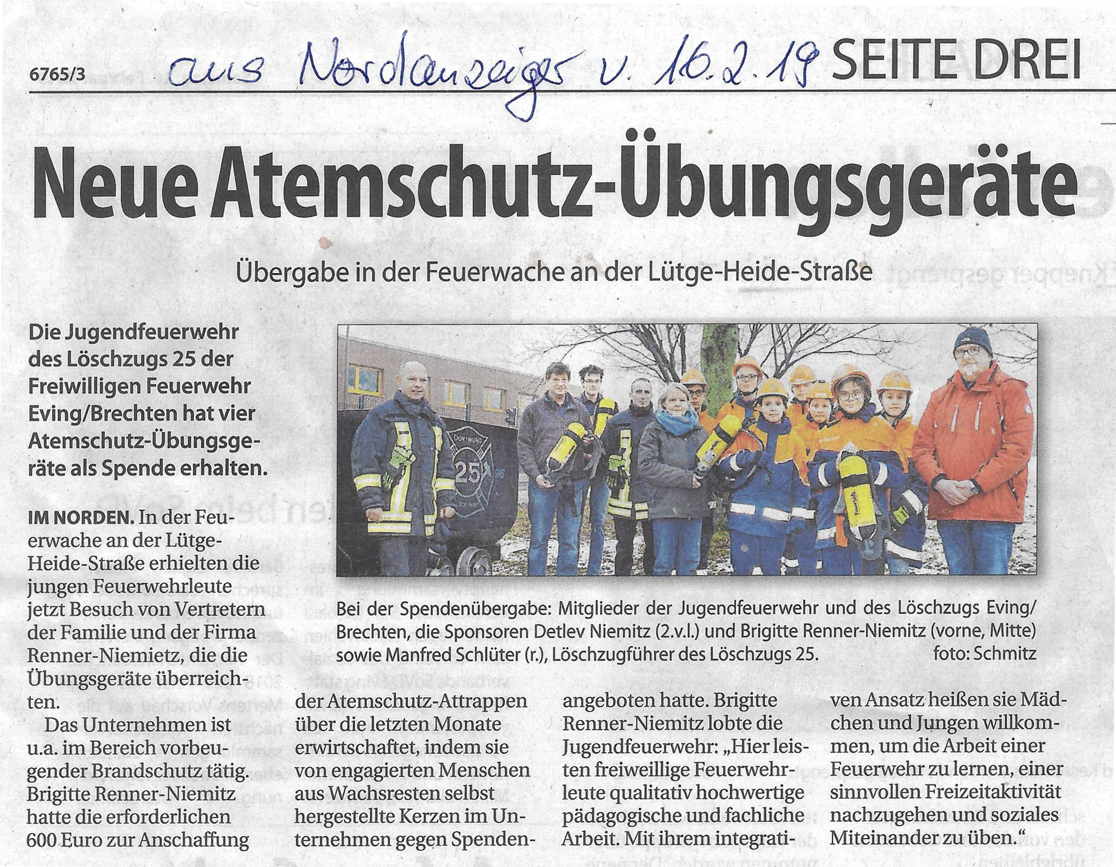 Zeitungsartikel Nordanzeiger vom 16.02.2019 aus Dortmund